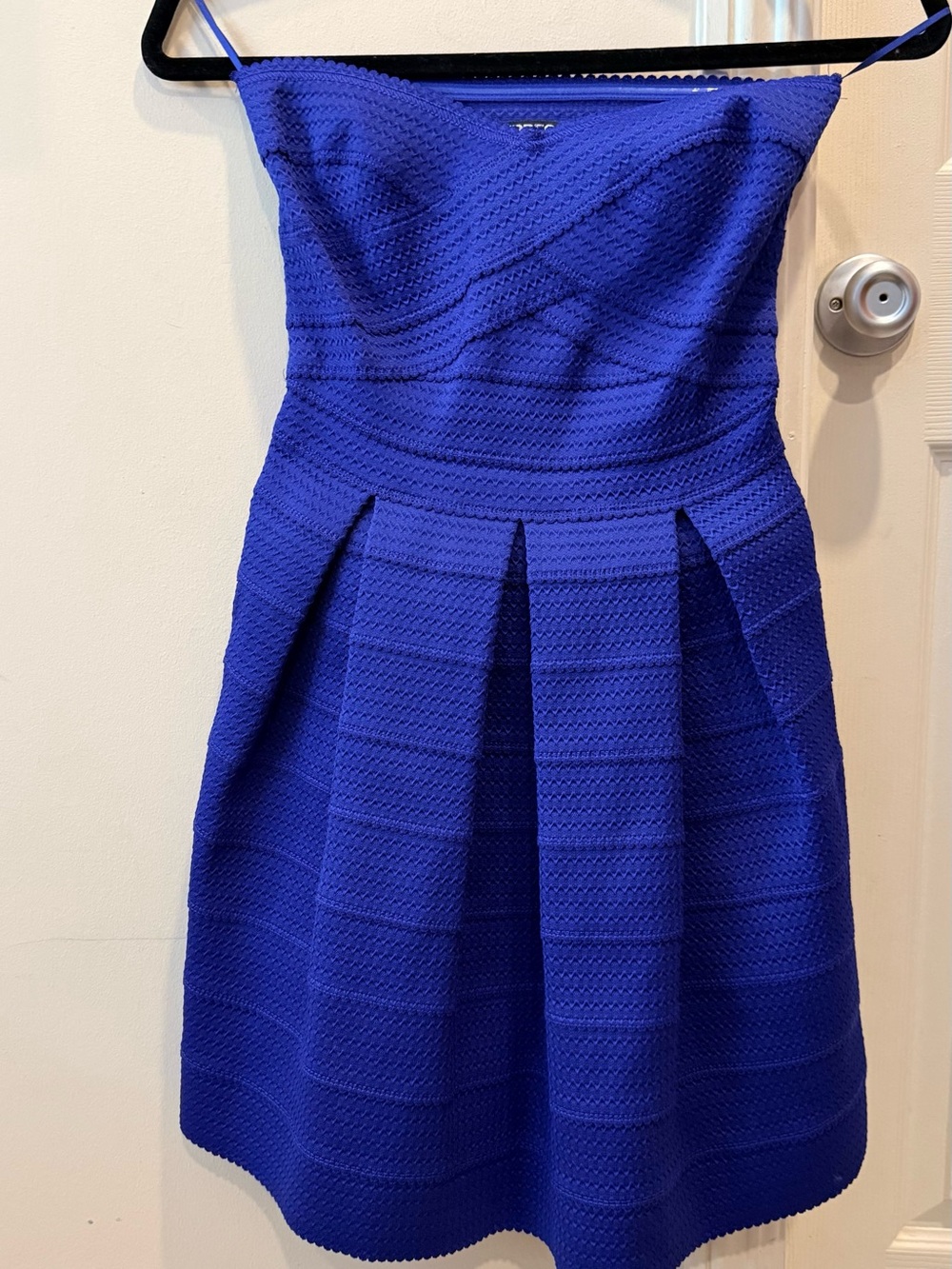 Express Strapless Pleated Fit-and-Flare Dress in Cobalt Blue